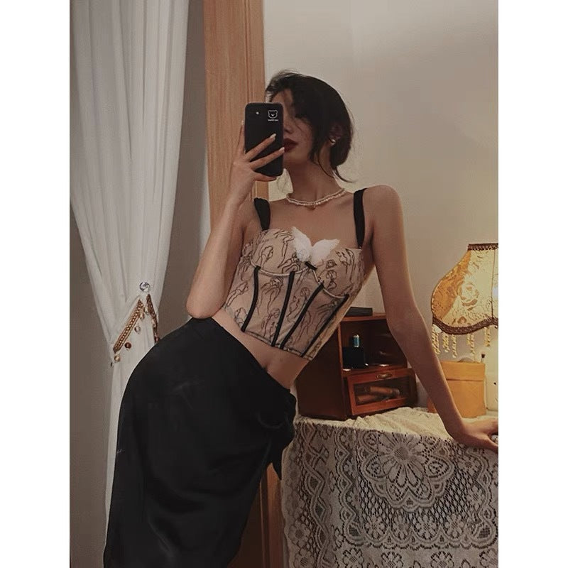 Beauty Head Embroidery French-style Lace Suspender Top Women's Summer Outer Wear