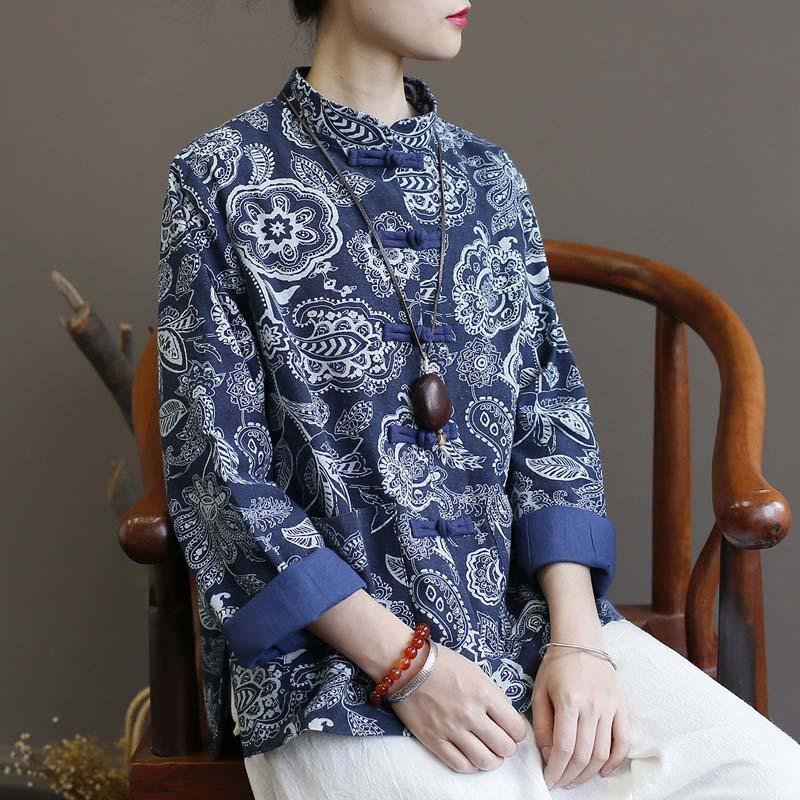 Cotton And Linen Jacket Women's Ethnic Blue Calico Cardigan