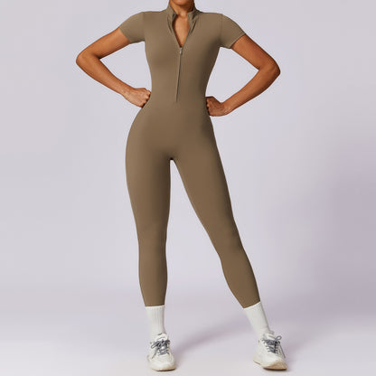 Zipper Short Sleeve Nude Feel Yoga Jumpsuit