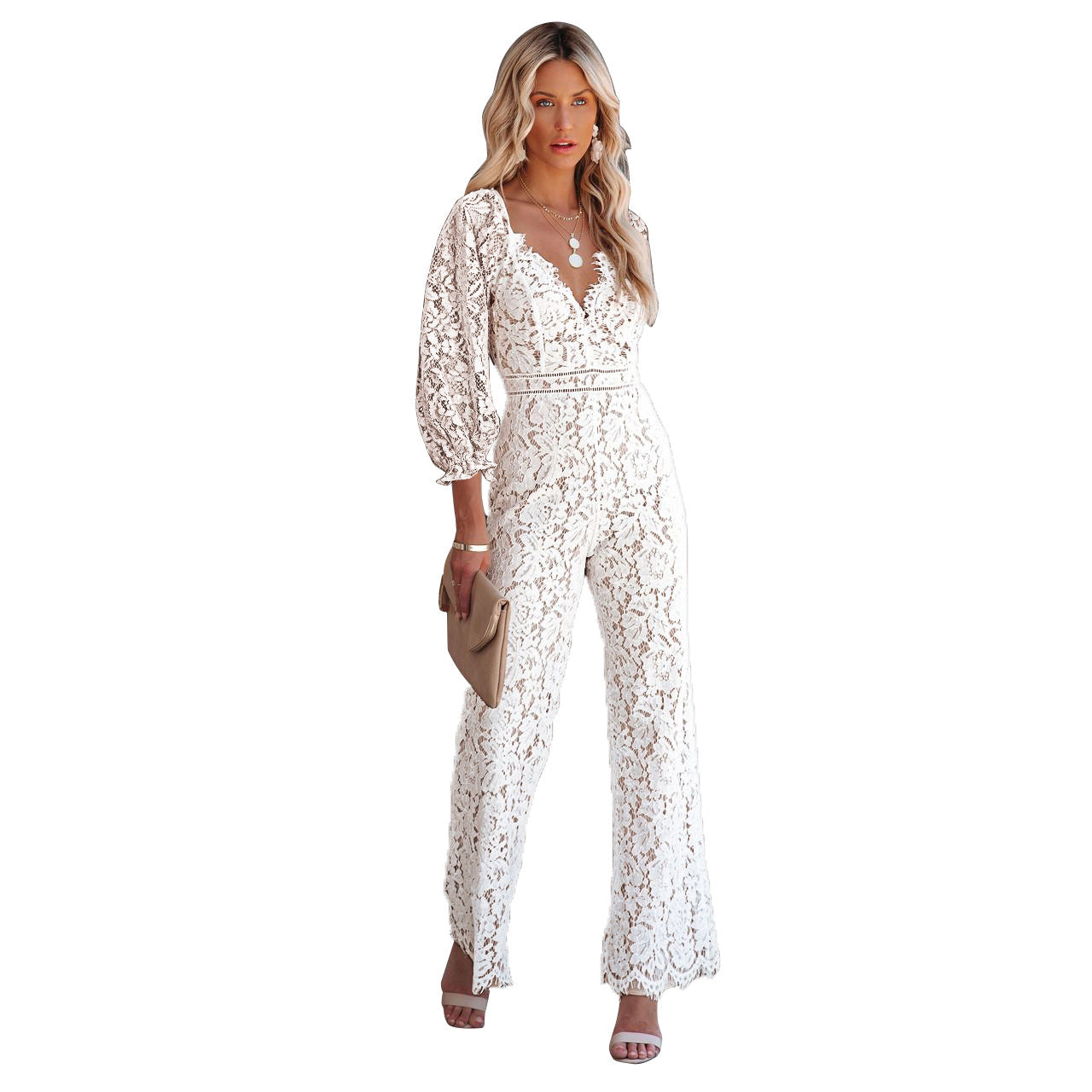 Deep V Lace Lantern Sleeve Off Shoulder Temperament Jumpsuit