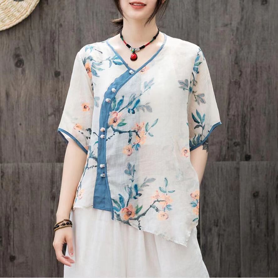 Camisa retro Hanfu con botones de disco, talla grande, suelta, de ramio