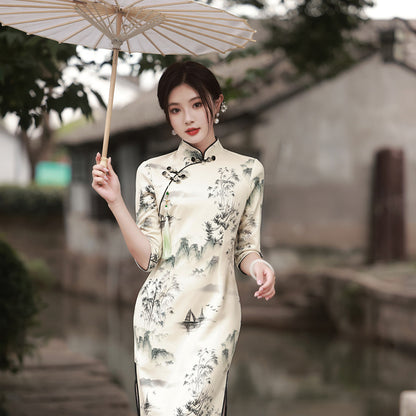 Women's Graceful And Fashionable Half Sleeve Ink Painting Dress