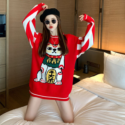 Women's Fashion Lucky Cat Thick Retro Sweater