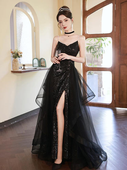 Schwarzes Bankett-Abendkleid mit Pailletten und hohem Bund