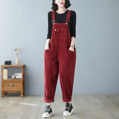 Women's Wide Leg Suspender Washed Corduroy Overalls