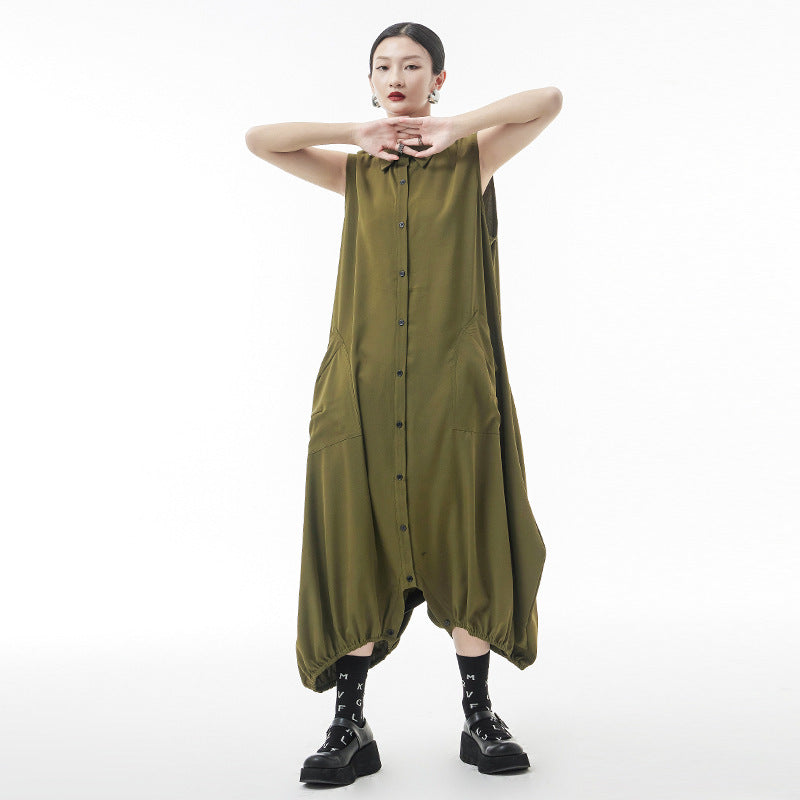 Dünner ärmelloser Jumpsuit mit japanischem Revers für den Sommer für Damen