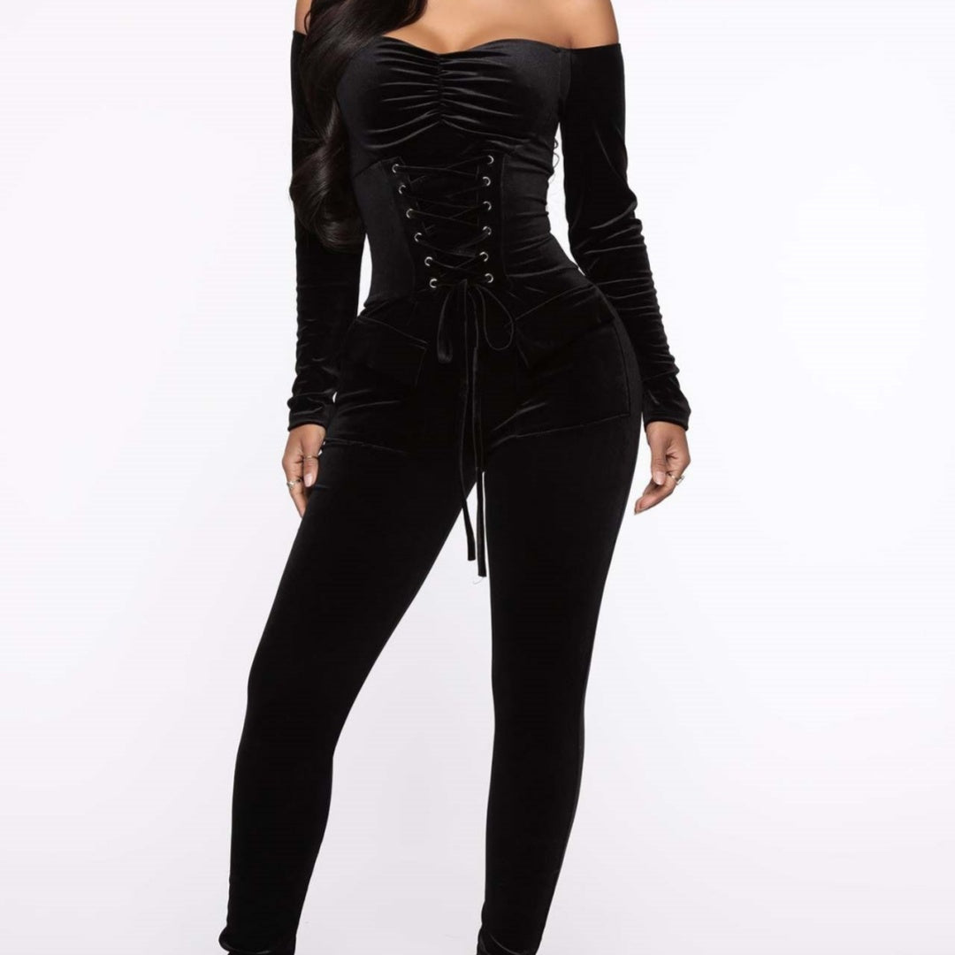 Velvet Off-shoulder Corns Tied Slim Fit Jumpsuit