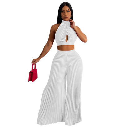 Women's Halter Silk-like Pleated Wide-leg Pants Two-piece Set