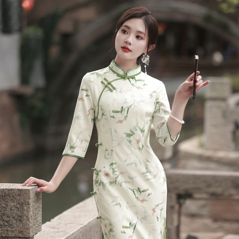 Elegant High-grade Suede Suzhou Three-quarter Sleeve Retro Chinese Republican Style Cheongsam