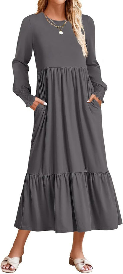 Damen Midikleid mit gesmokten Ärmeln und Rundhalsausschnitt