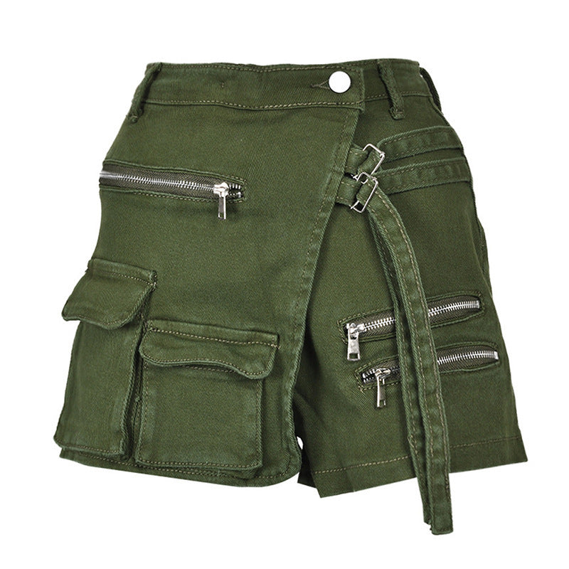 Workwear Denim Shorts Green Belt Loop Decorative Hot Pants