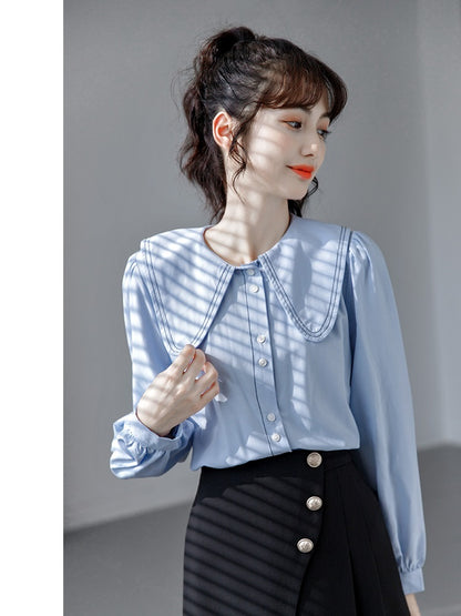 Camisa azul con cuello de muñeca para mujer, diseño de manga larga