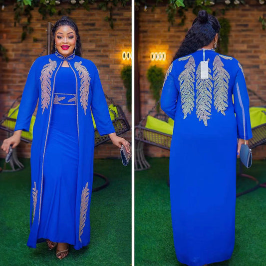 Afrikanisches elegantes Kleid 2-teiliges Set vorne und hinten Strass Stehkragen Langarmkleid