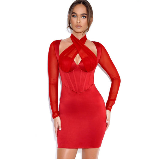 Vestido ajustado de manga larga con cuello cuadrado y escote halter de color puro para mujer