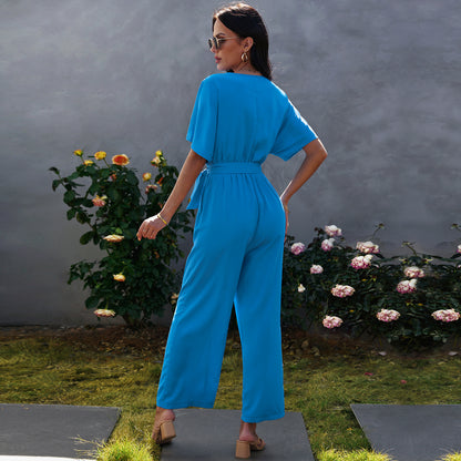 Women's V-Neck Tie Waist Solid Color Jumpsuit