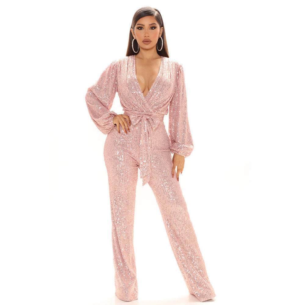 Jumpsuit mit tiefem V-Ausschnitt und langen Ärmeln für Damen mit Pailletten