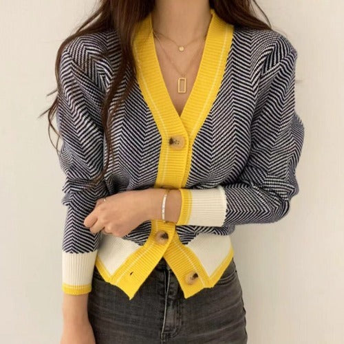 Contrast Color V-neck Long Sleeve Sweater Thin Foreign Coat