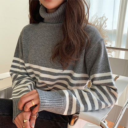 Turtleneck Striped Sweater Loose Lazy Vintage Knit