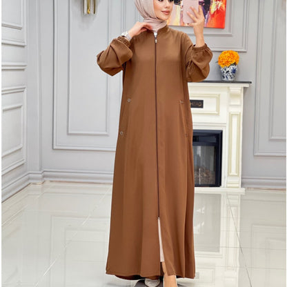 Modisches Damen-Kleid mit Stehkragen, Reißverschlusstasche, lockeres Freizeitkleid