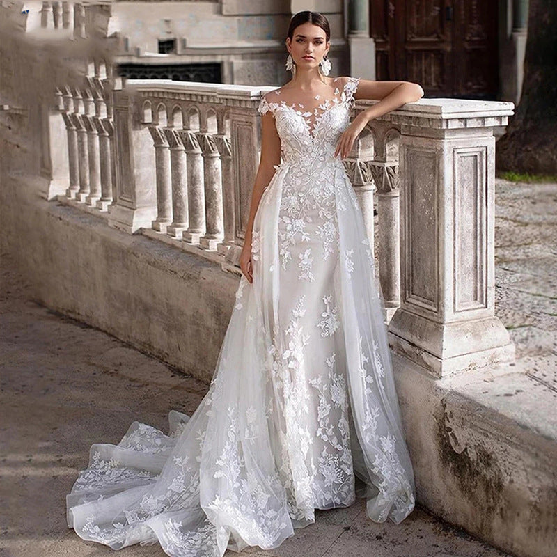 Vestido de novia de dos vías con escote redondo adelgazante blanco y cola de pez para mujer