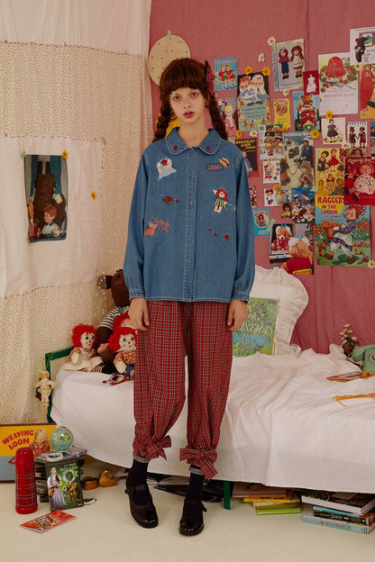 Camisa de manga larga de mezclilla azul linda e infantil para mujer