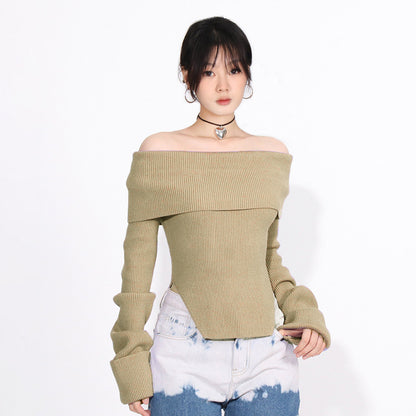 Elegant Idle Style Off-shoulder Top Irregular Hem Slim Slimming Solid Color