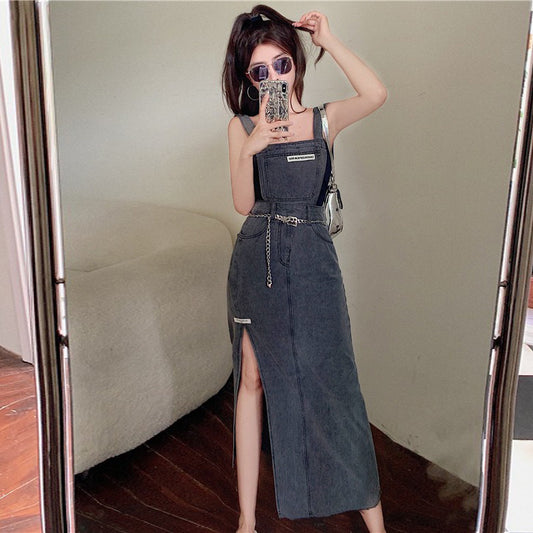 Trendy Label Strap Split Retro Hong Kong Style Raw Edge Denim Skirt