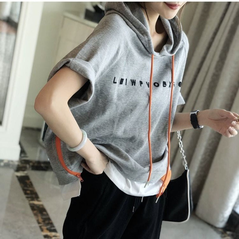 Women Loose Hooded T Shirt Short Sleeves