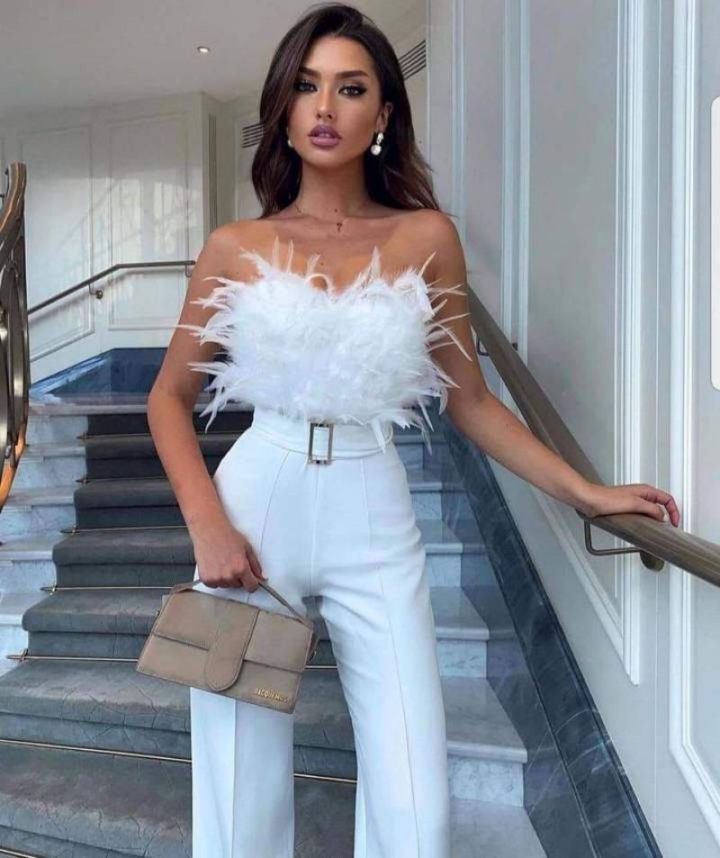 Temperament Feather Tube Top Jumpsuit Party Dress Pants