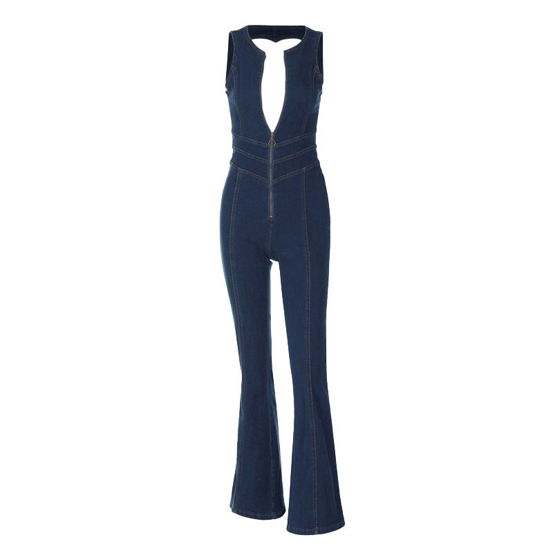 Women's Fashion Slim And Thin Retro Style High-waisted Denim Jumpsuit