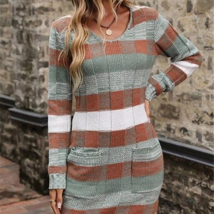 V-neck Color-block Double Pocket Knitted Slim Fit Sweater Dress