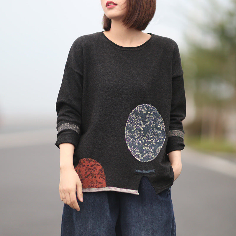 Antikes Kaffeekleid im Folk-Stil, künstlerischer Jacquard-Langarmpullover für Damen