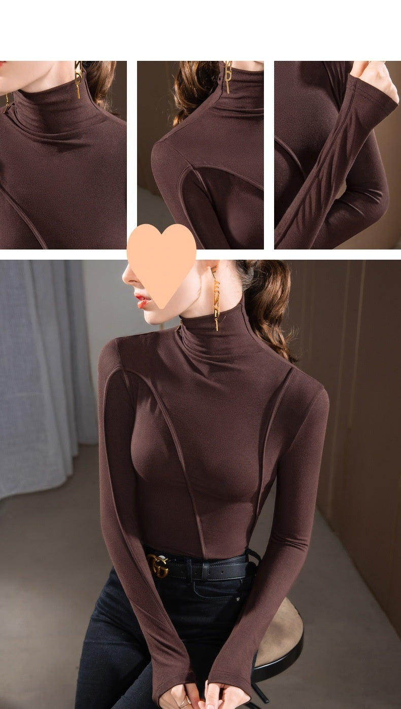 Camisa de cuello alto con diseño para mujer, corte ajustado, estilo occidental irregular, costura interior, manga larga