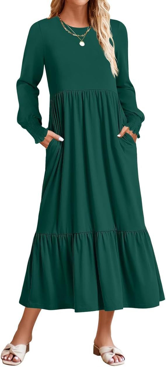 Damen Midikleid mit gesmokten Ärmeln und Rundhalsausschnitt