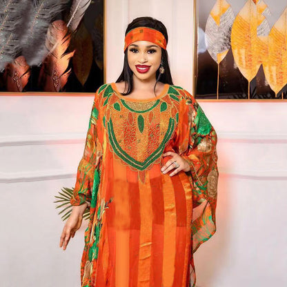 African Large Swing Chiffon Large Robe Hot Drilling Digital Printing With Inner Skirt