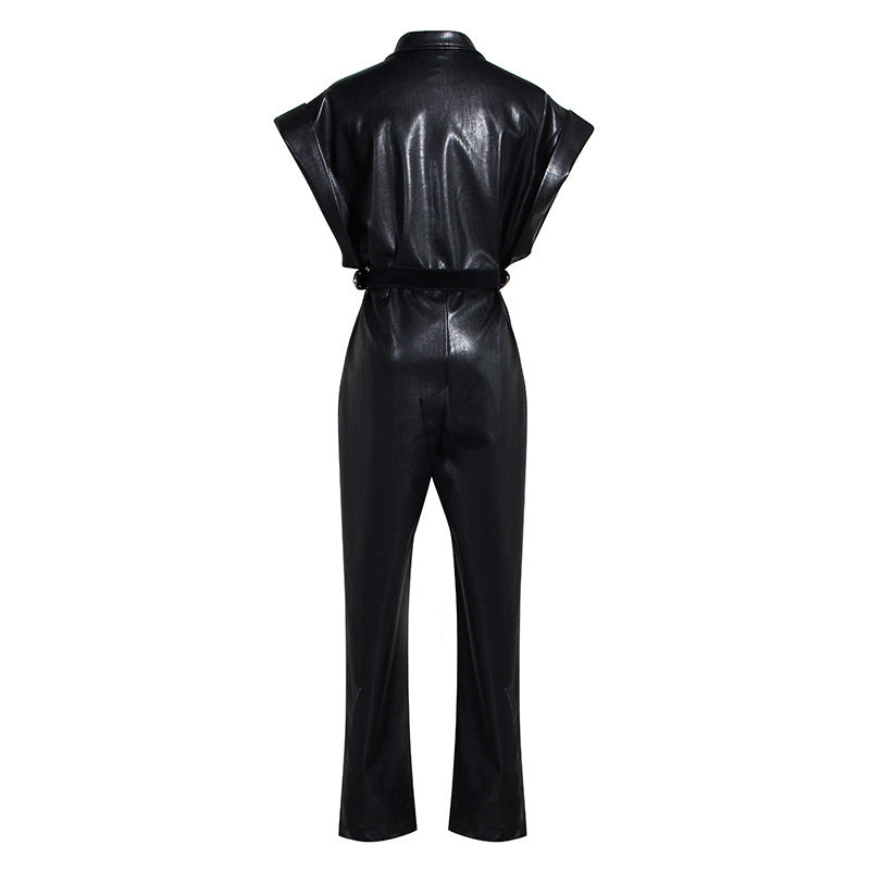 Tight waist PU jumpsuit