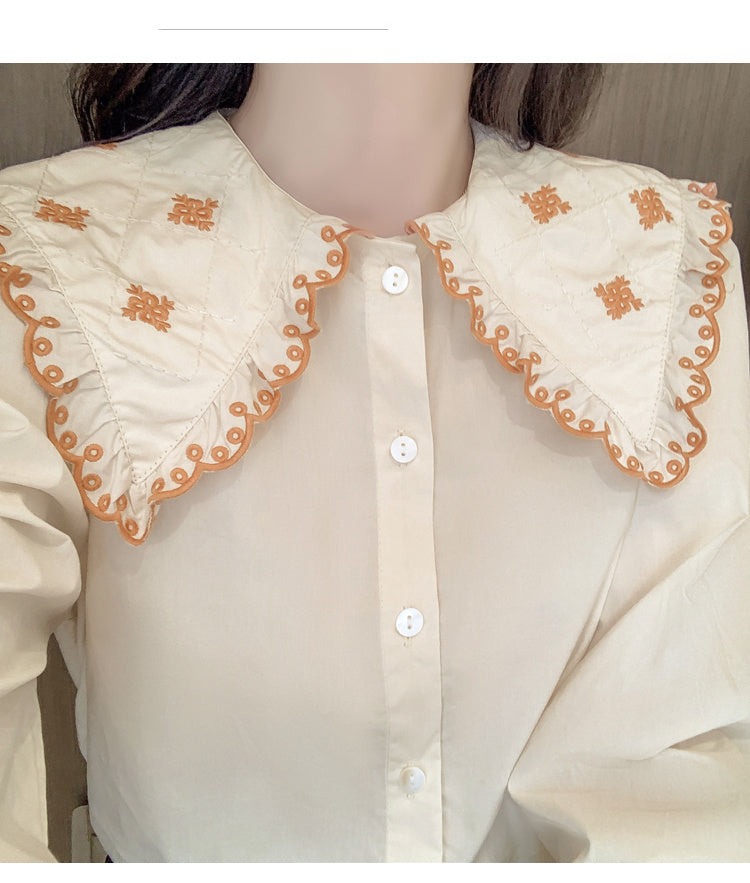 Contrasting Color Doll Collar Shirt Women Autumn And Winter