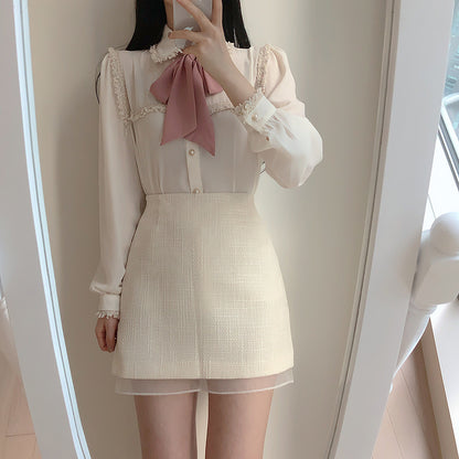 Women's Early Autumn Dress With Bow Tie Blouse