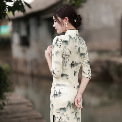 Women's Graceful And Fashionable Half Sleeve Ink Painting Dress