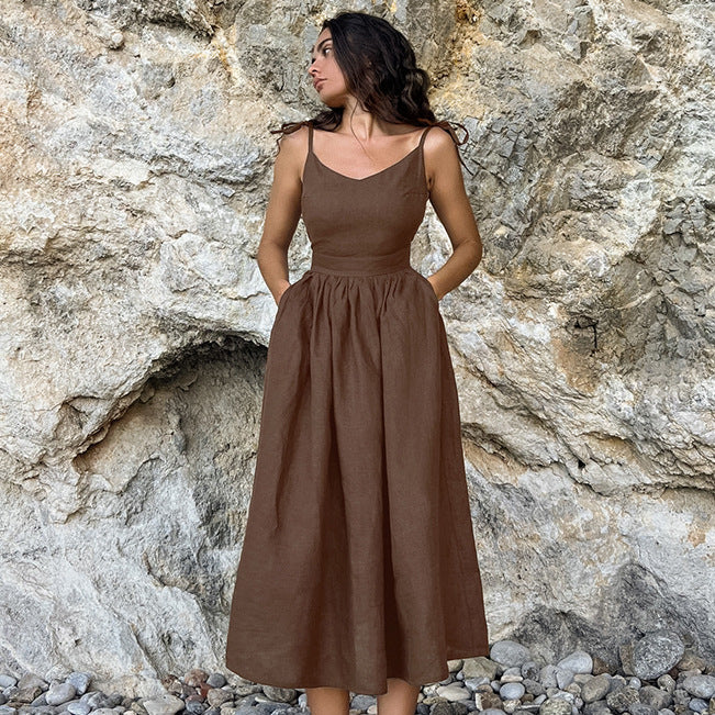 Französisches Kleid aus atmungsaktivem Baumwoll- und Leinenstoff mit hoher Taille im Urlaubsstil, langer Rock für Damen