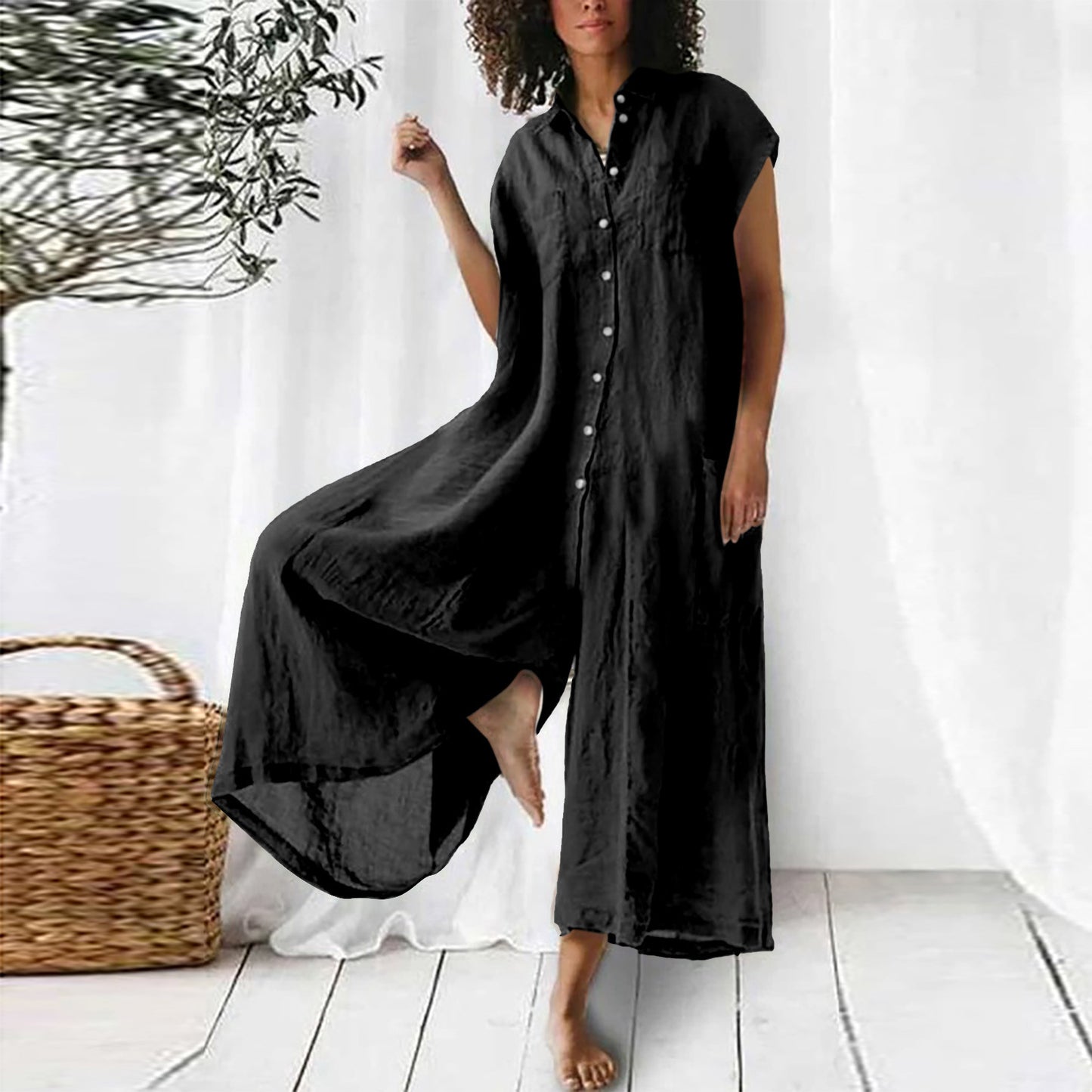 Lässiger, langärmliger Jumpsuit in Volltonfarbe für Damen