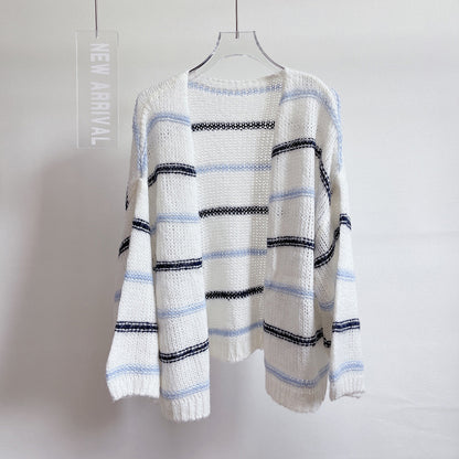 Design Sense Niche Loose Fashionable Versatile Contrast Color Striped Idle Style Knitted Cardigan