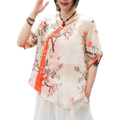 Camisa retro Hanfu con botones de disco, talla grande, suelta, de ramio