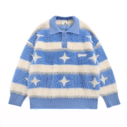 American-style Vintage Fleece-lined Striped XINGX Lapel Sweater