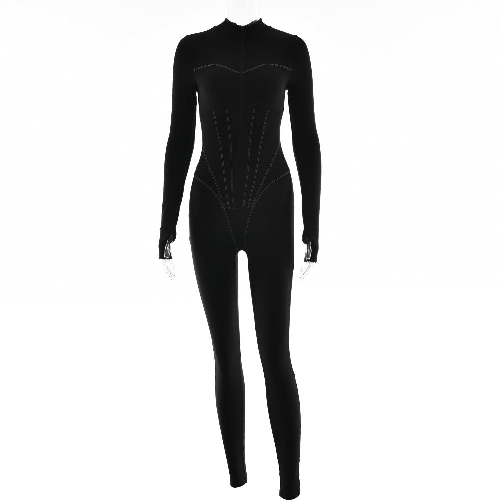 Women's Fashion Simple Pure Color Tight Zipper Jumpsuit