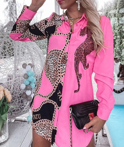 Camisa larga con estampado de leopardo y cadena transfronteriza para mujer europea y americana