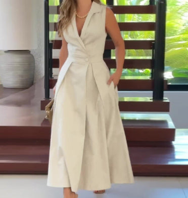 Vestido elegante largo sin mangas con cuello polo de color sólido europeo y americano