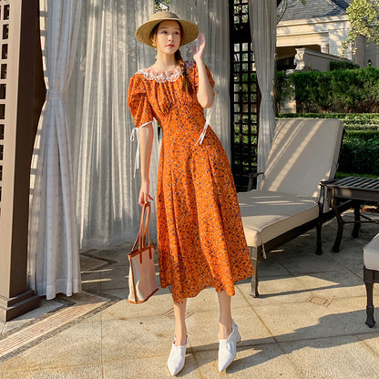 Vestido de encaje sin espalda con estampado floral francés para mujer