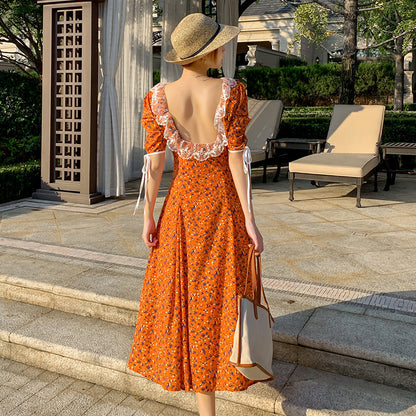 Vestido de encaje sin espalda con estampado floral francés para mujer