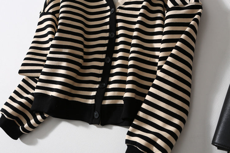 V-neck Horizontal Stripes Hit Color Casual Jacket Women